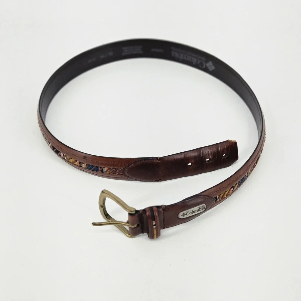 Columbia Mens Brown Leather Belt Woven Tapestry Inlay Modified Cut Tip Size 38